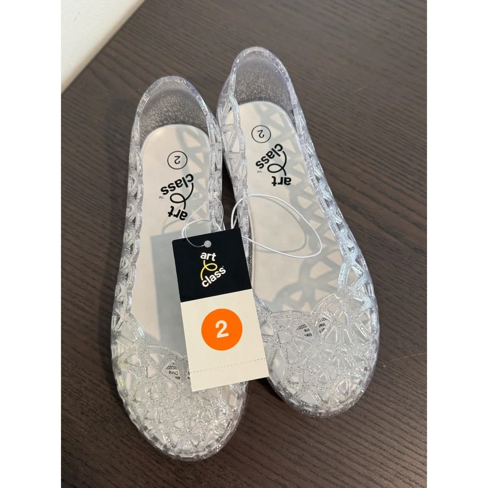 Art Class Lena Jelly Sandals girls Size 2 Clear Glitter Lattice Cutout Flats